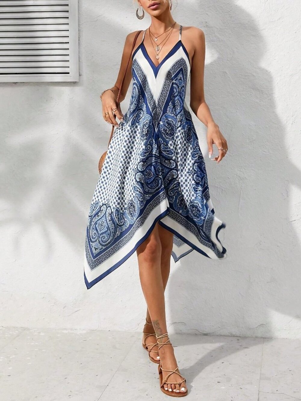 Boho Women's Paisley Print Handkerchief bandana Hem Slip Dress - Picture 6 of 7